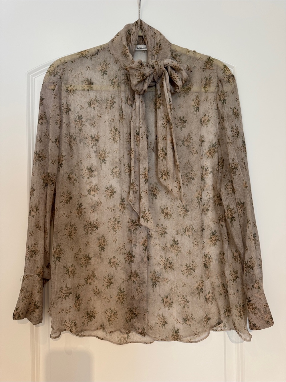 Zara Sheer Taupe Floral Tie-Neck Blouse